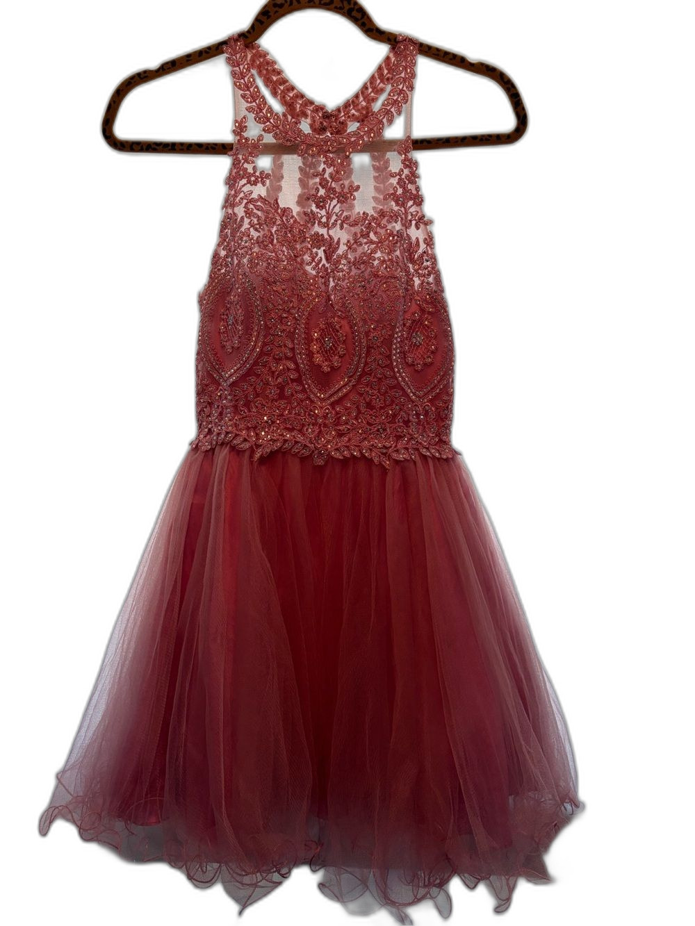 Beaded Halter Tulle Prom Dress in Dusty Rose